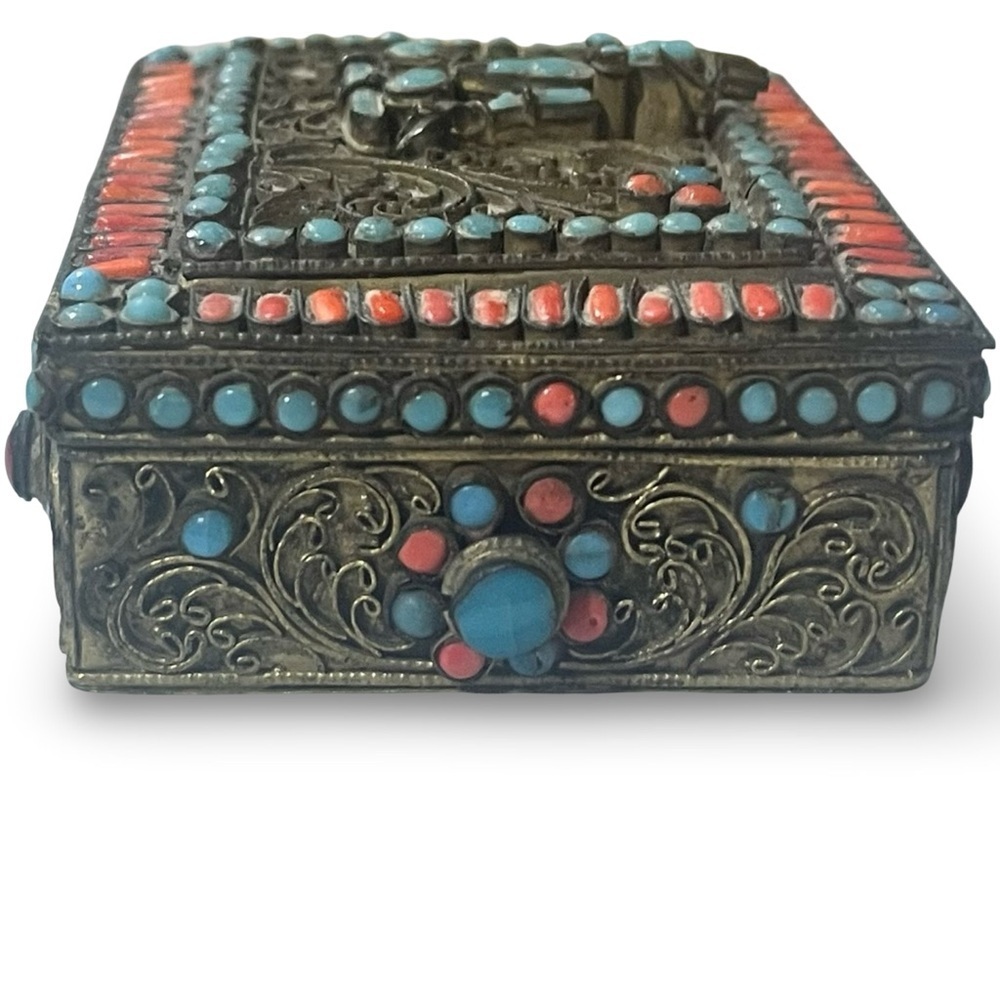 Vintage Tibetan Brass Turquoise Coral Inlay Hinged Prayer Box - Picture 3 of 6